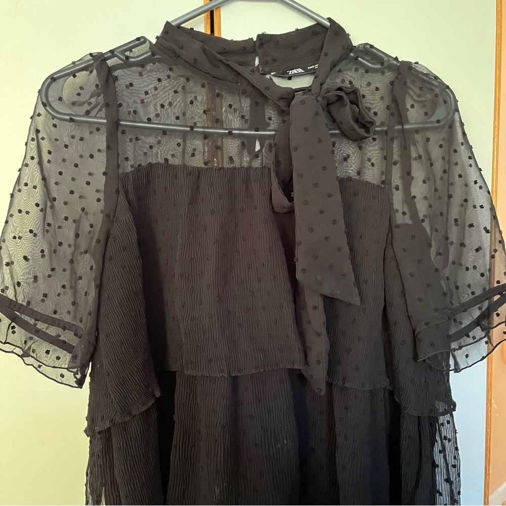 Zara Black Sheer Dot-Tier Tie-Neck Blouse - Picture 5 of 14